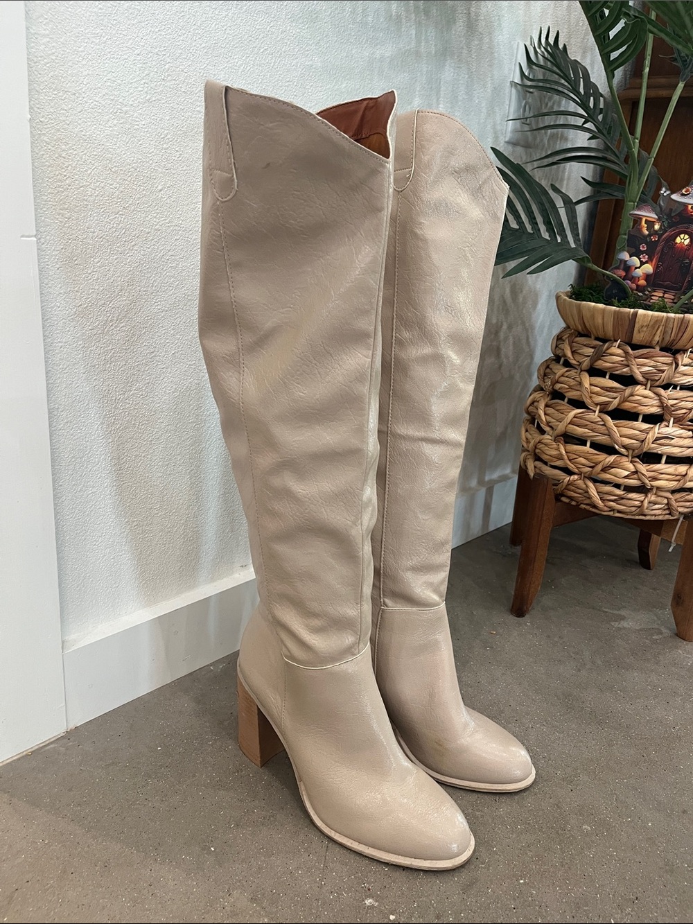 Women’s Knee-High Block Heel Boots in Beige